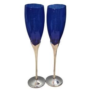 Vintage Lot 2 Intl. Silver Cobalt Blue Champagne Silverplate "Petal Stem" Flutes
